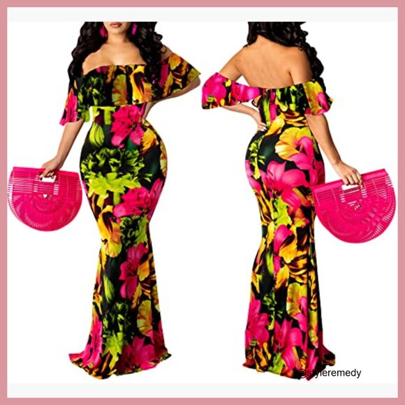 Off Shoulder Maxi Dress Elastic Waist Floral Long Party Dresses - Picture 4 of 6